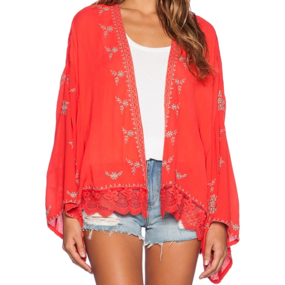 Free People NWT Red Embroidered Kimono
